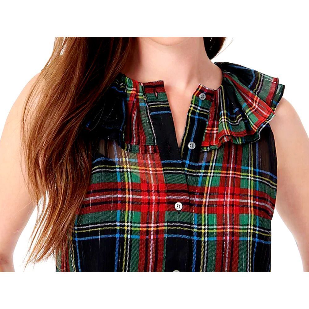 J.CREW Sleeveless Ruffle Collar Top Black Stewart Tartan Plaid Blouse XSMALL - Picture 4 of 9